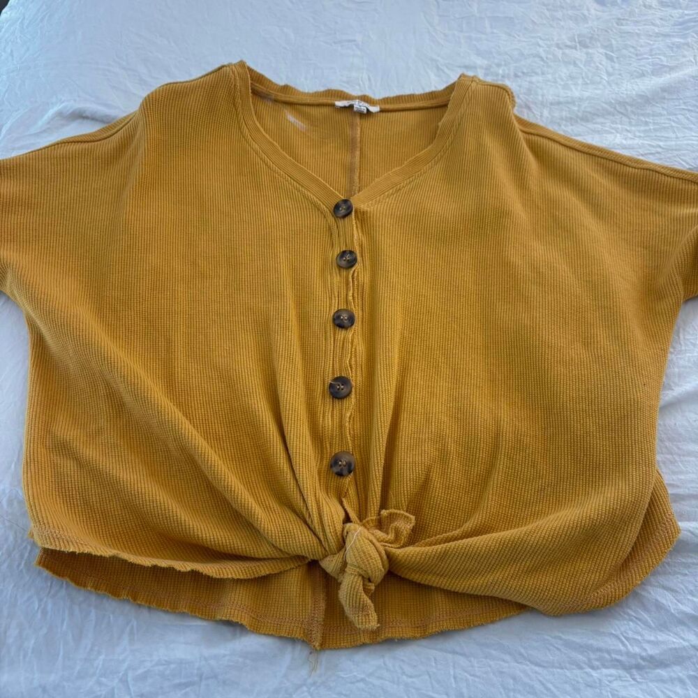 BOUTIQUE Mustard Button Up Tie Work Dress Small Autumn Women's Yellow Top Blouse